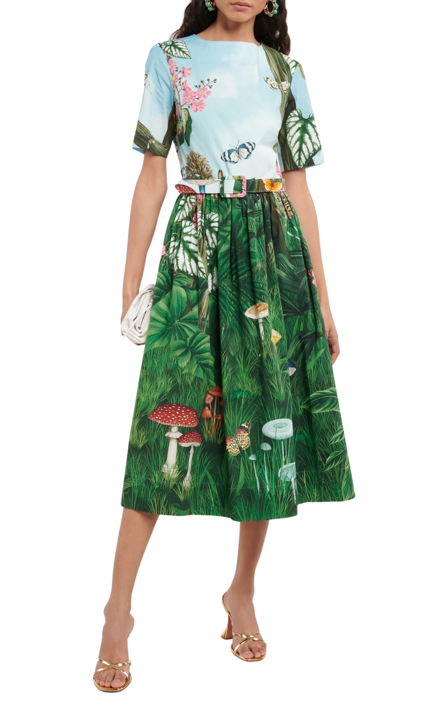 Midikleid aus Stretch-Popeline mit botanischem Wald-Print