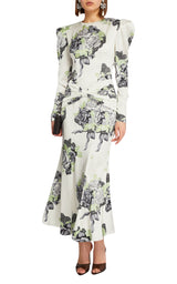 Silk Satin Rose Print Midi Dress