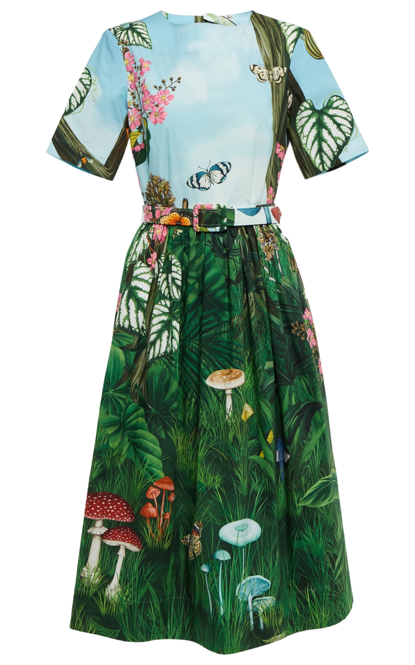 Midikleid aus Stretch-Popeline mit botanischem Wald-Print