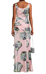 Alessandra Rich Silk Satin Evening Dress In Rose Print - Runway Catalog