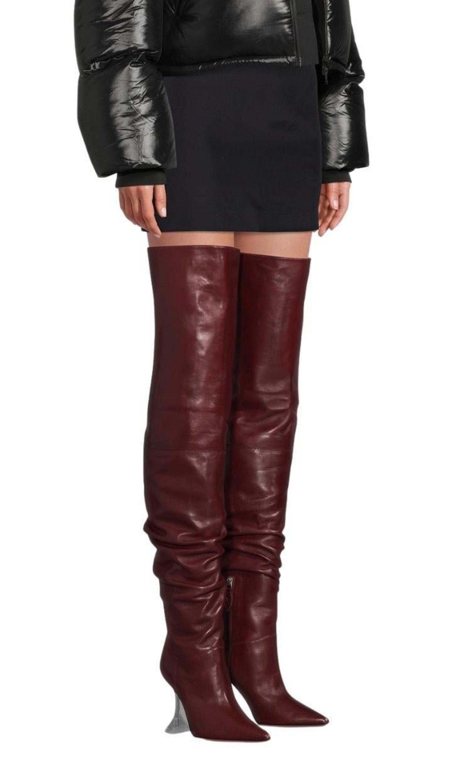 Amina Muaddi Olivia Burgundy Tall Leather Over The Knee Boots