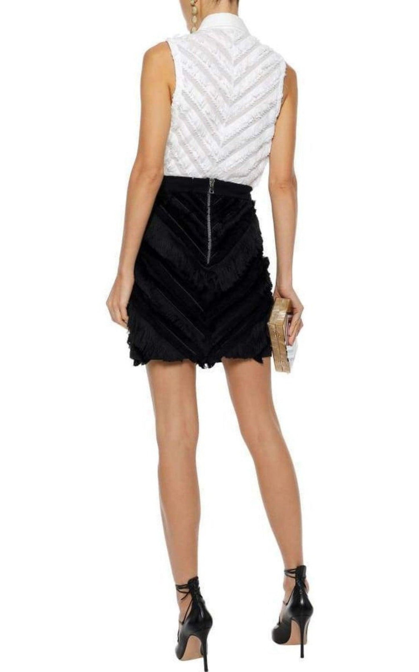 Black Chevron Fringed Mini Skirt Balmain