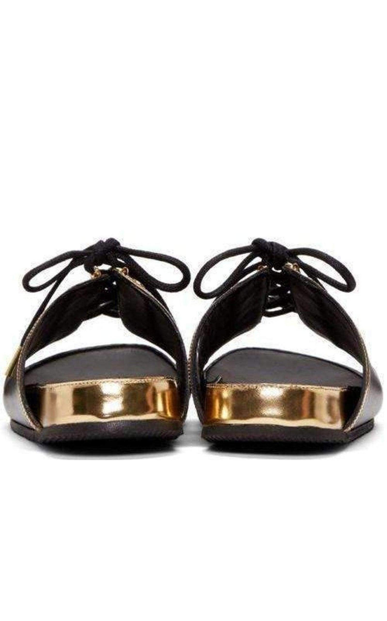 Black Gold Lace up Sliders Men Leather Sandals Balmain