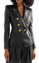 Black Leather Double-Breasted Blazer Balmain