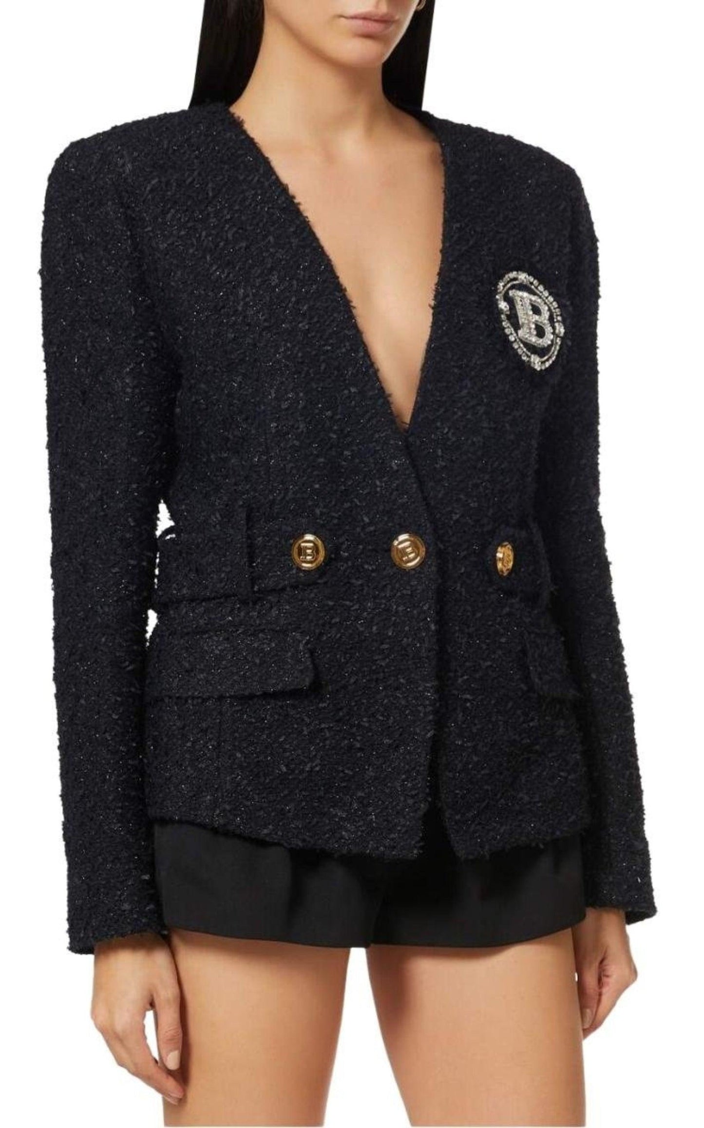 Crystal Logo Metallic Tweed Blazer Balmain