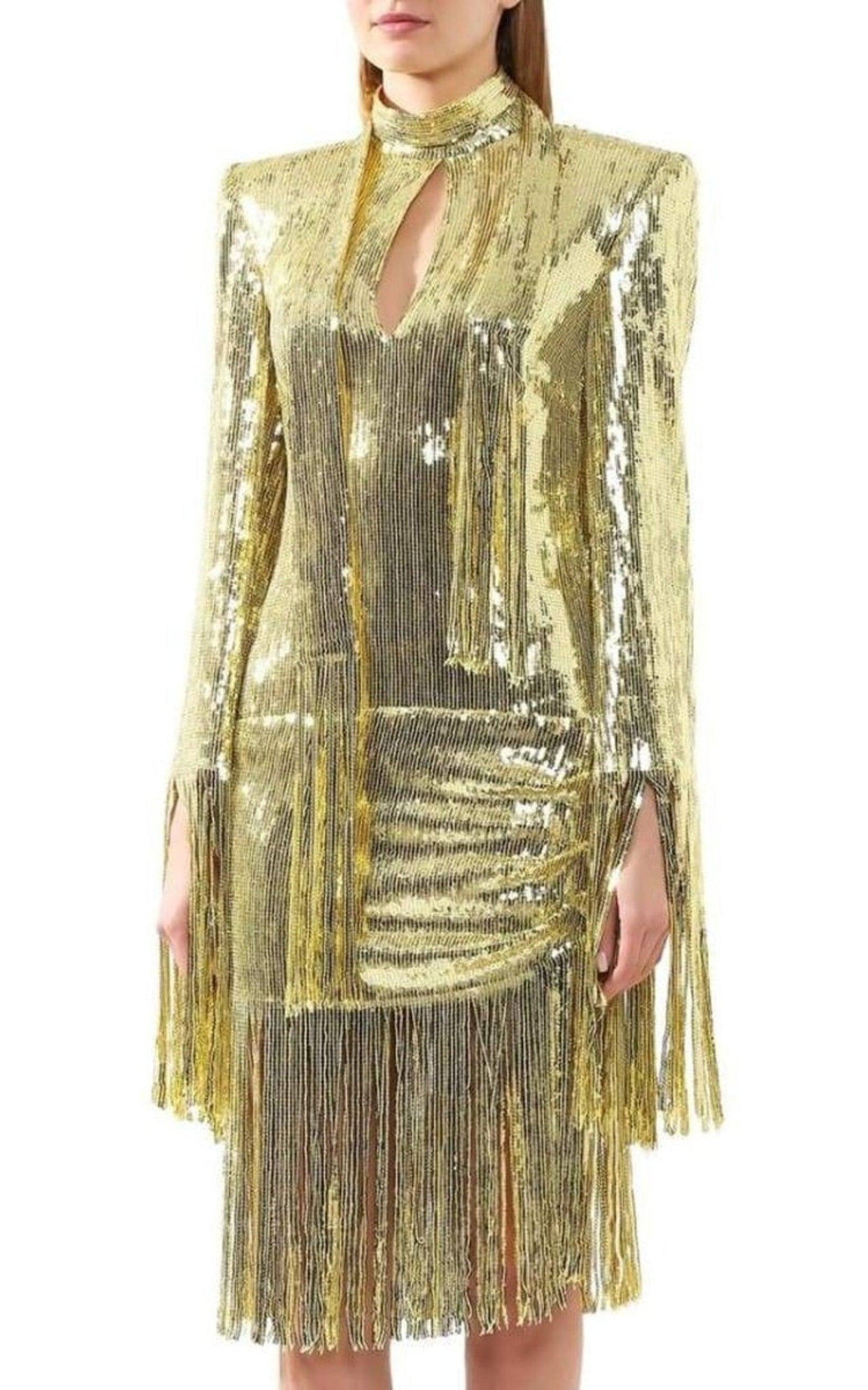 Fringed Gold Sequined Midi Dress Balmain