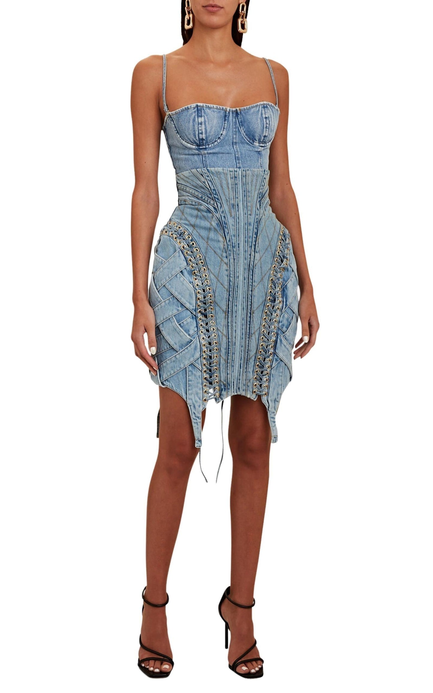 High-waist Lace-up Denim Skirt Balmain