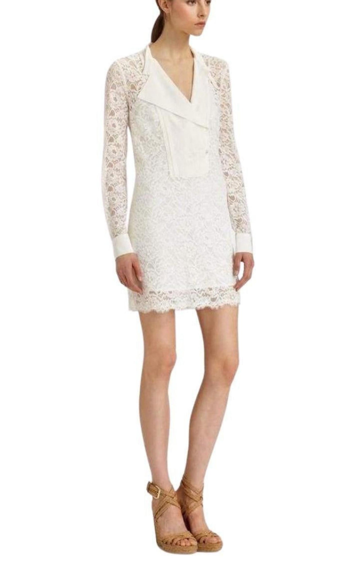 Contrast Bib Lace Silk Tunic Dress BCBGMAXAZRIA