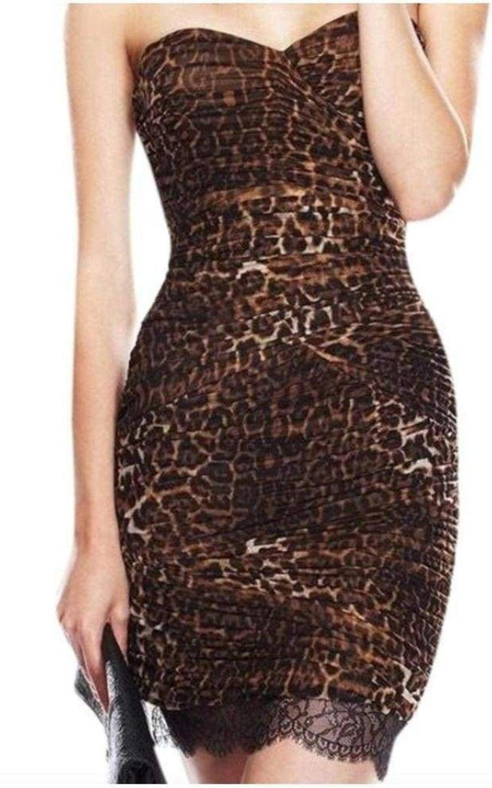 Strapless Leopard Print Bovary Dress BCBGMAXAZRIA