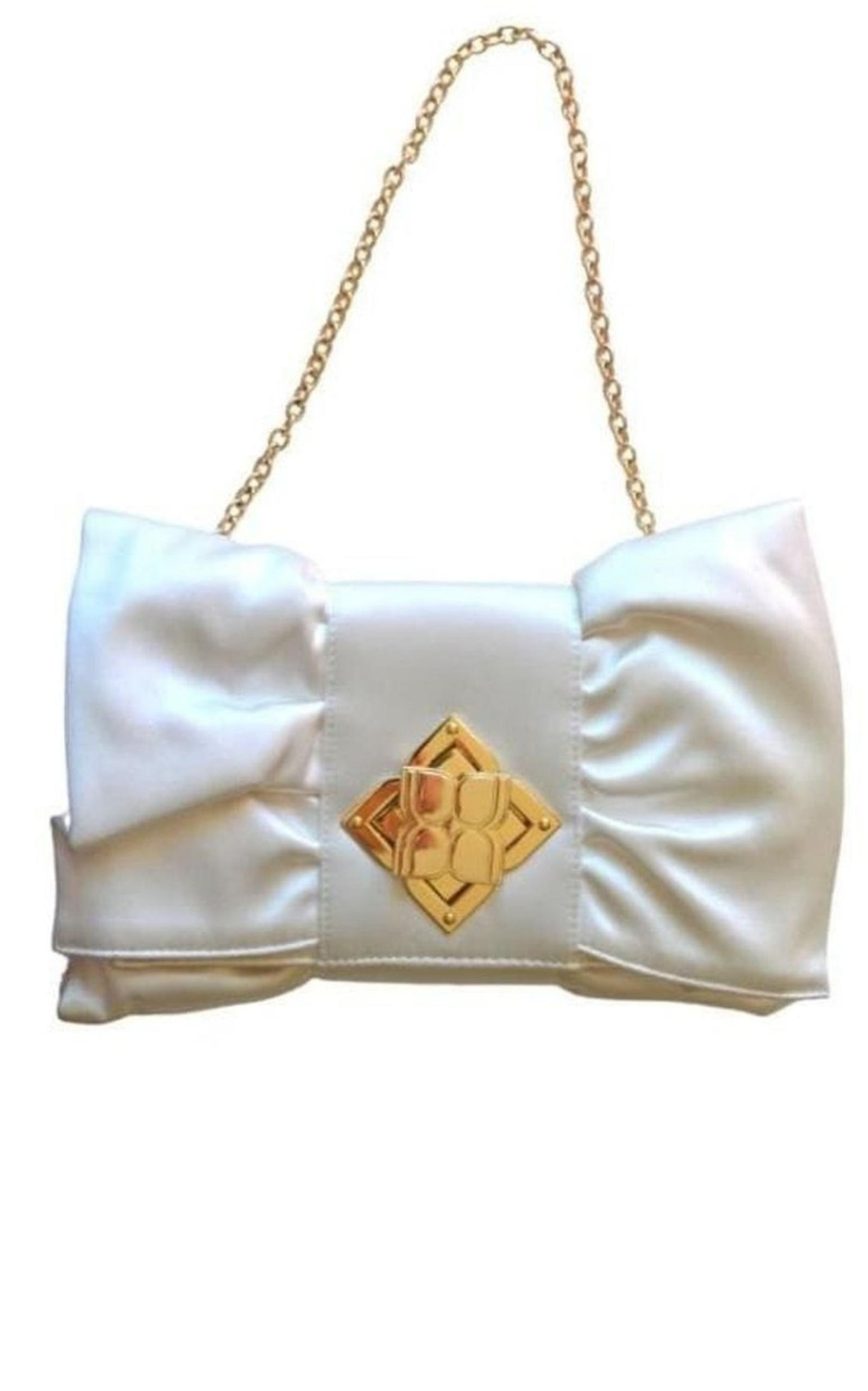 White Satin Signature Bow Ruffle Clutch BCBGMAXAZRIA