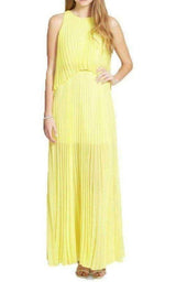 Yellow Jenine Neon High Split Pleated Skirt Maxi Dress BCBGMAXAZRIA