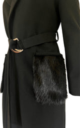 Black Classic Coat with Faux Fur Pockets Cult Moda