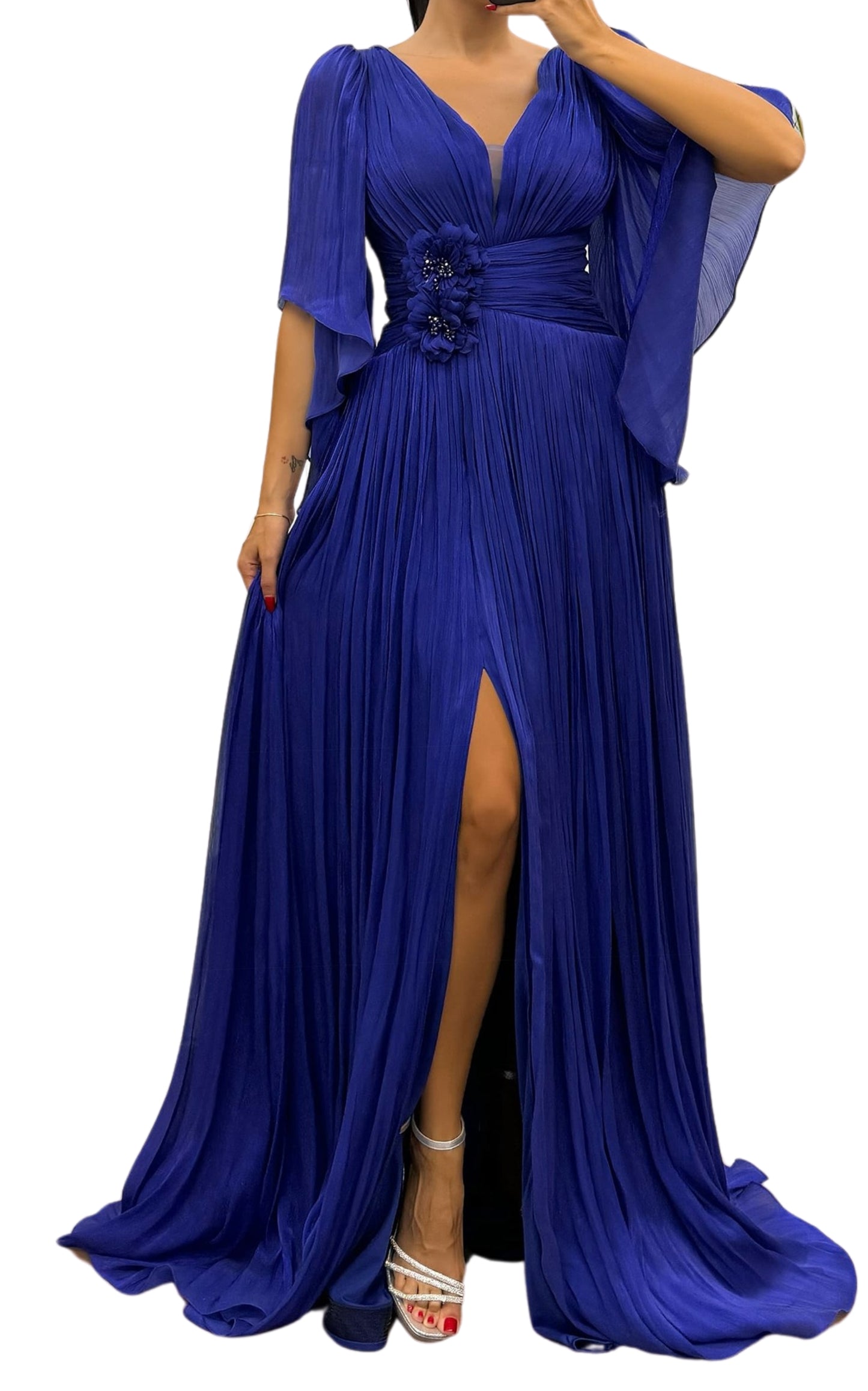 Cult Moda Elegant Chiffon Evening Dress Gown with Floral Brooch in Blue