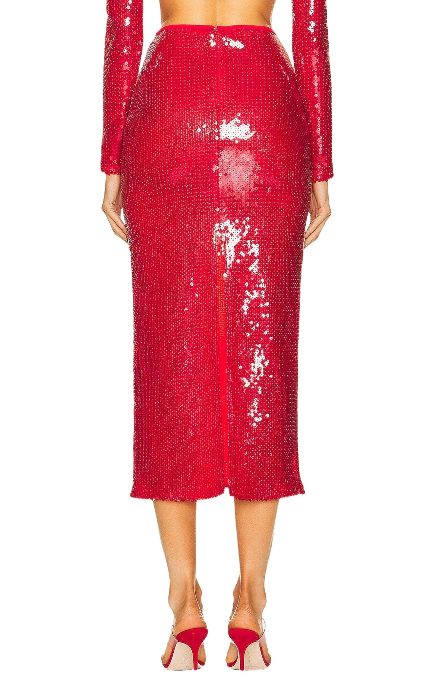 David Koma Red Sequinned Midi Skirt - Runway Catalog