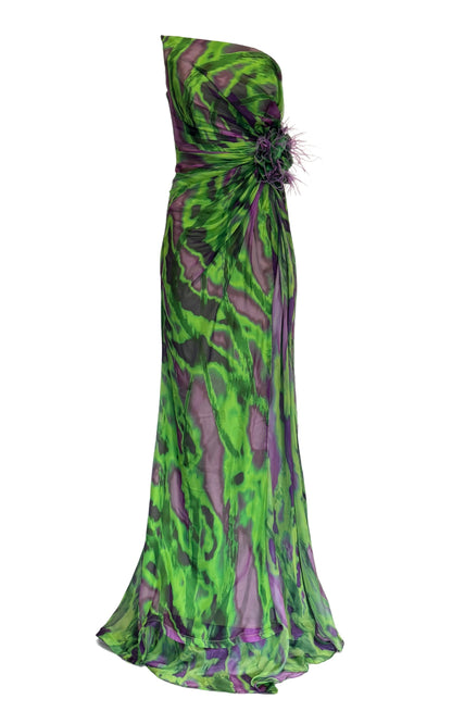 Dekolte Strapless Green Purple Print Party Dress