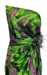 Dekolte Strapless Green Purple Print Party Dress