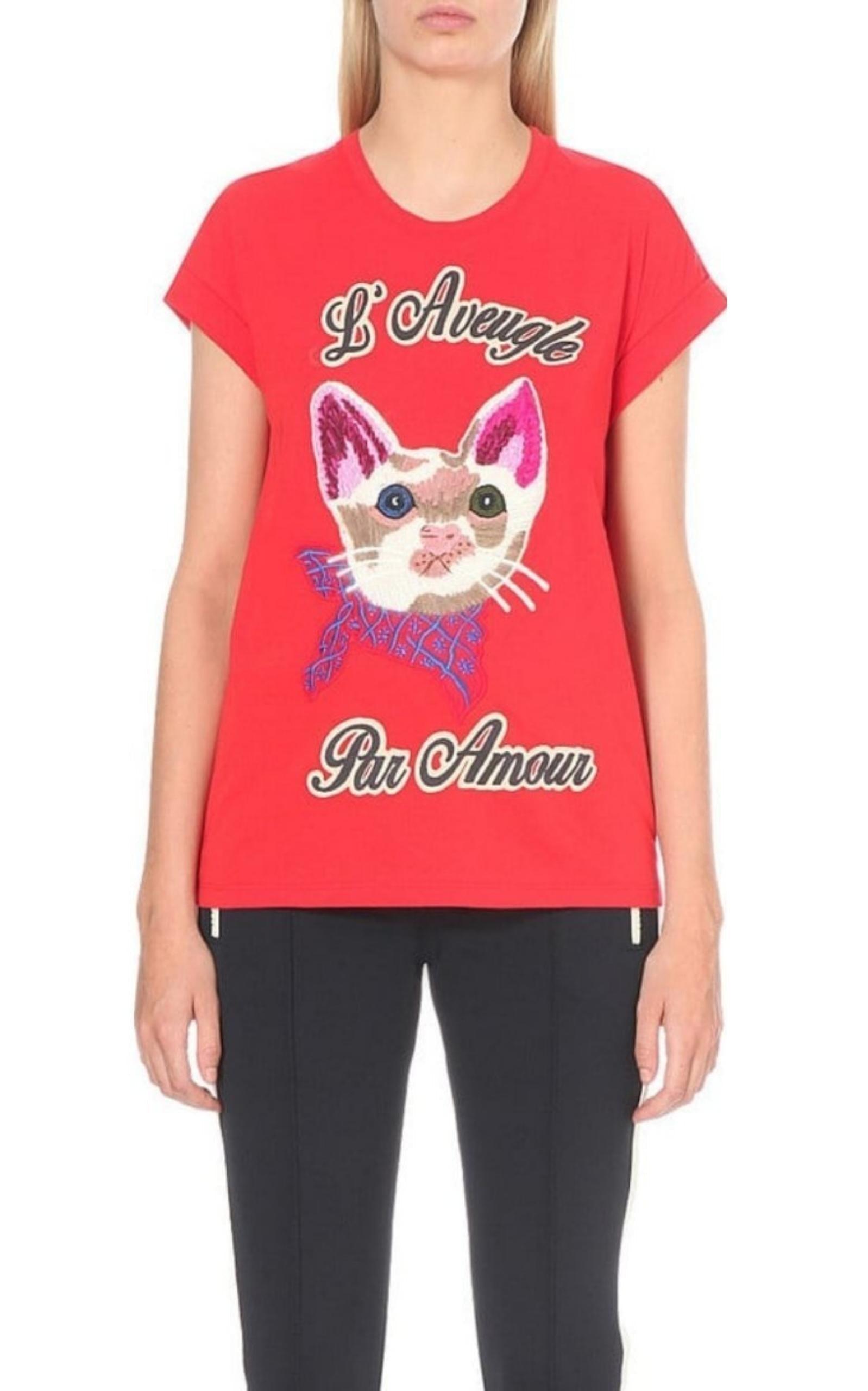 Cat Embroidered Cotton-Jersey T-shirt Gucci