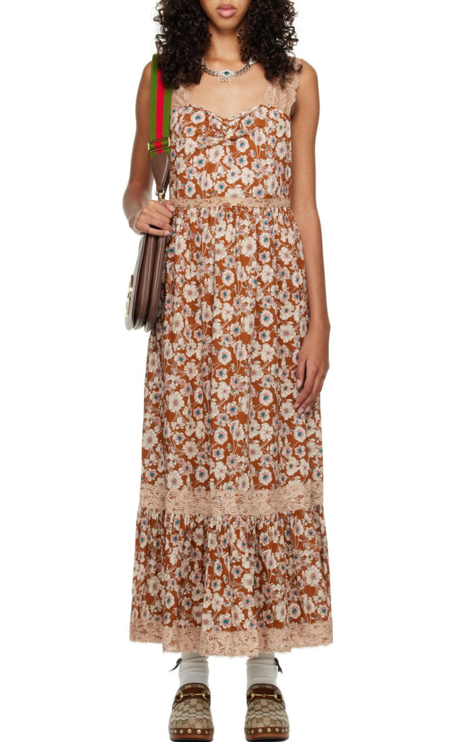 Floral-print Lace-trimmed Twill Dress Gucci