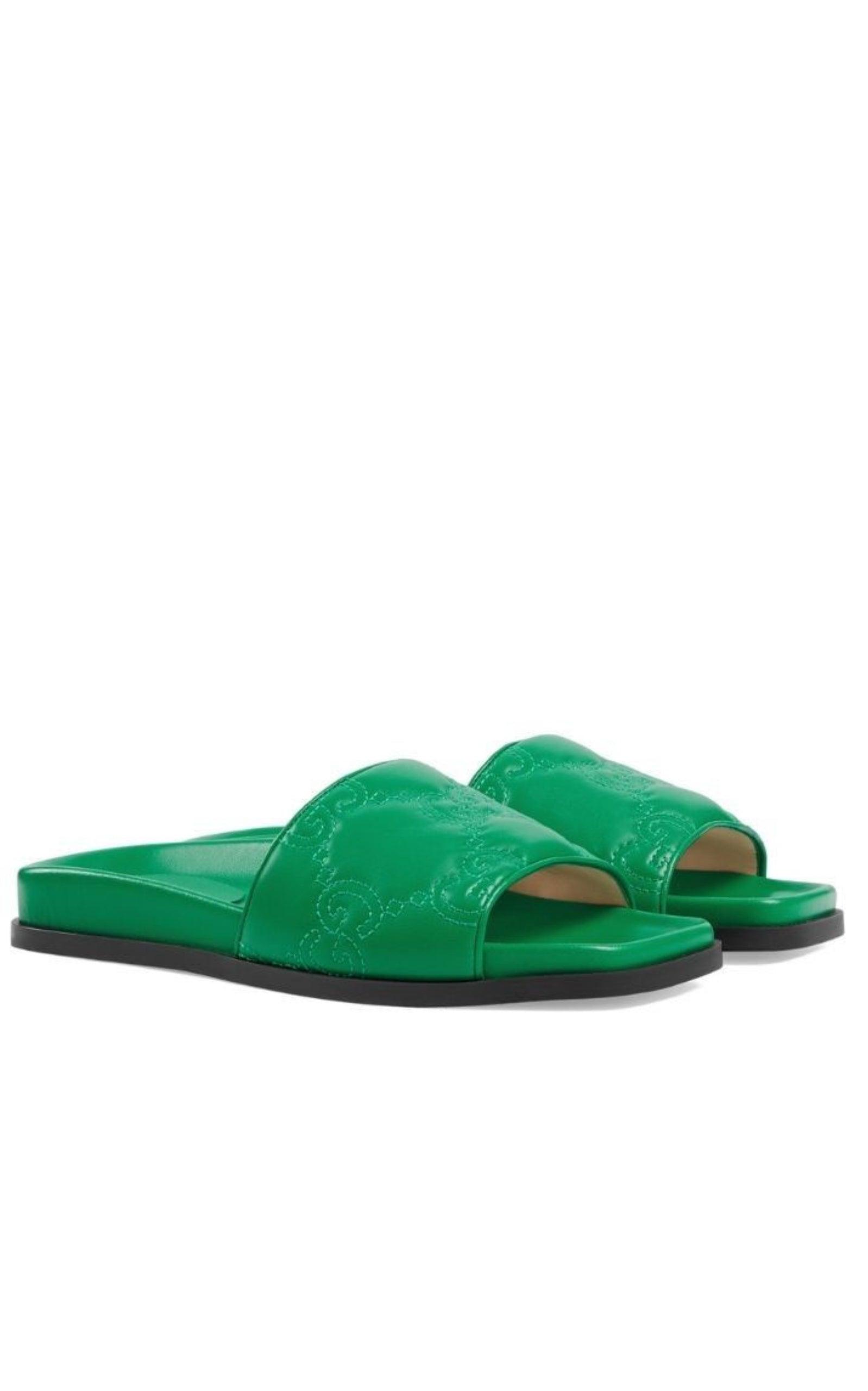 Gg Matelassé Slide Sandal In Green Gucci