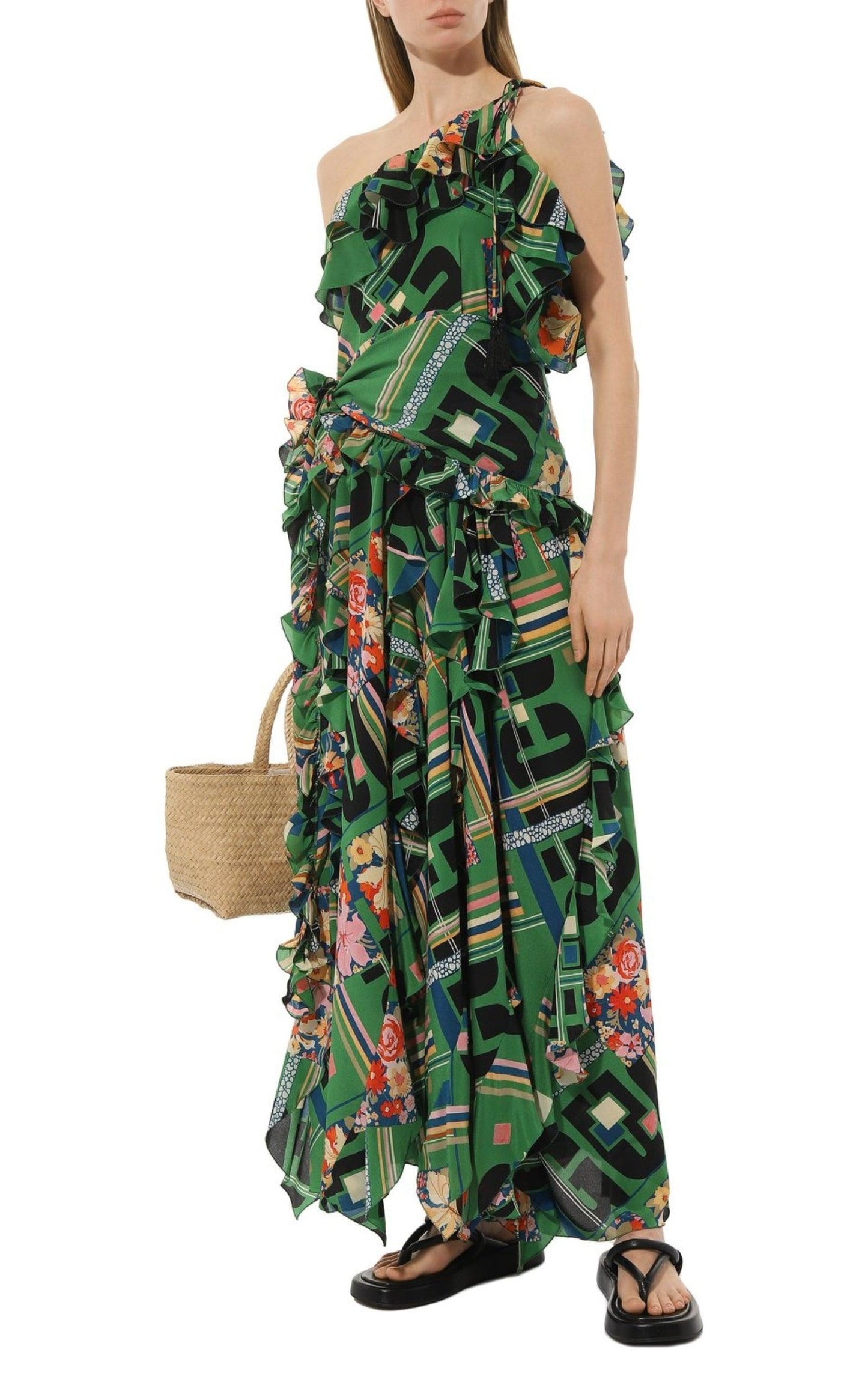 Green Floral Check-Print Ruffled Silk Gown Gucci