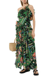 Green Floral Check-Print Ruffled Silk Gown Gucci