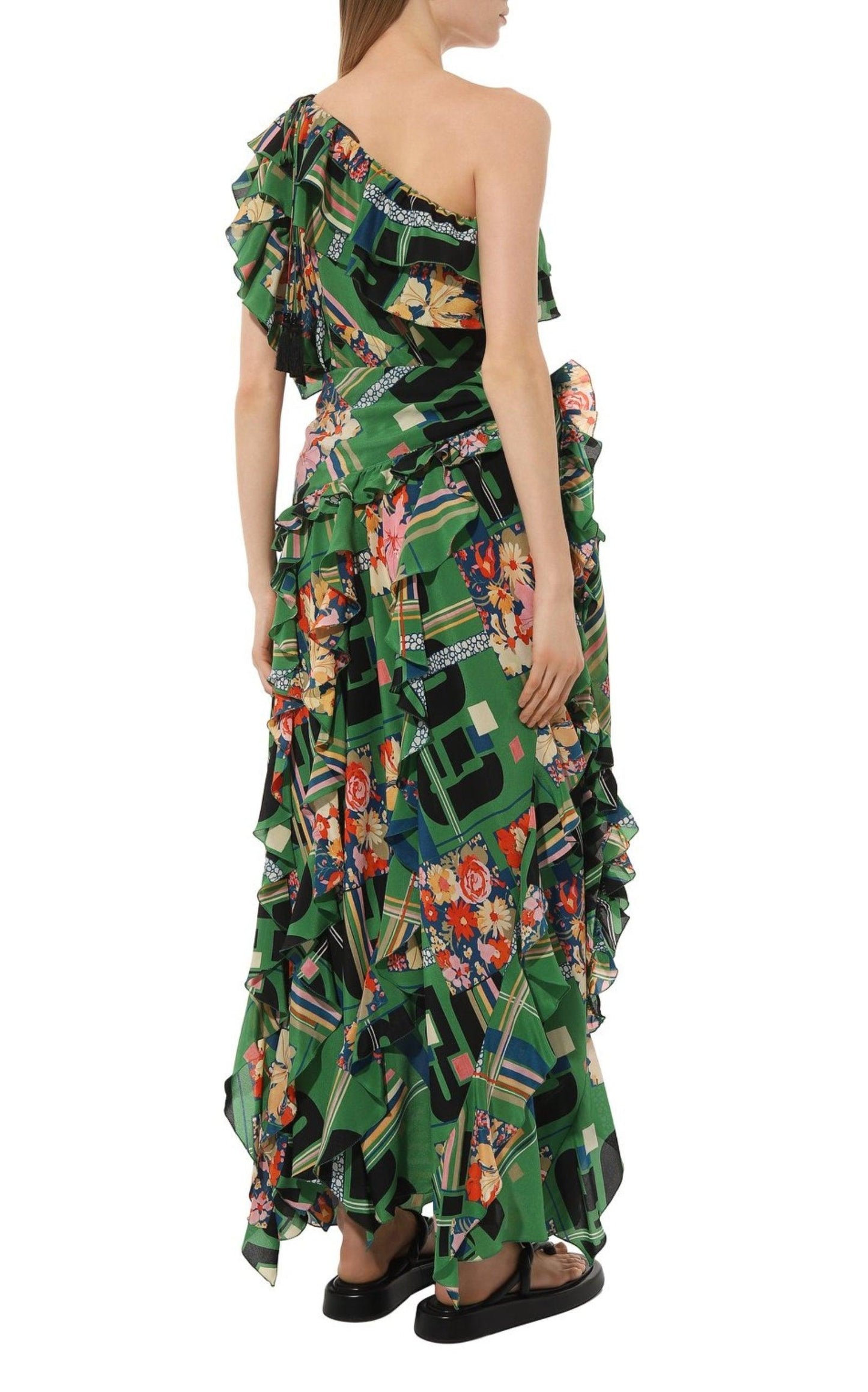 Green Floral Check-Print Ruffled Silk Gown Gucci