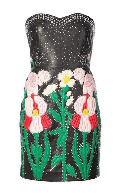 Leather Flower Intarsia Strapless Dress Gucci