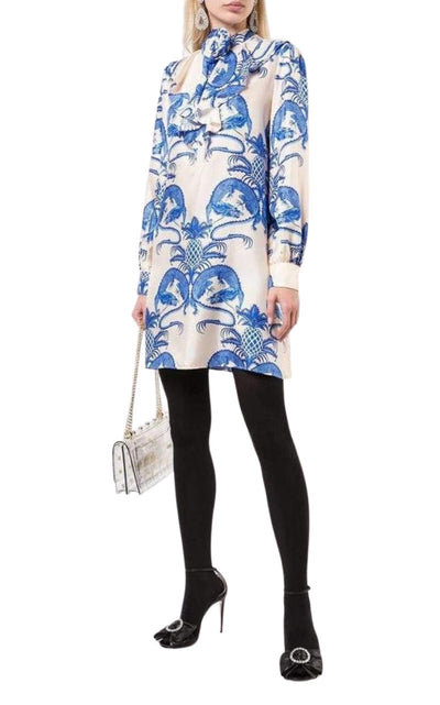 Silk Dragon Print Twill Ruffle Neck Dress Gucci