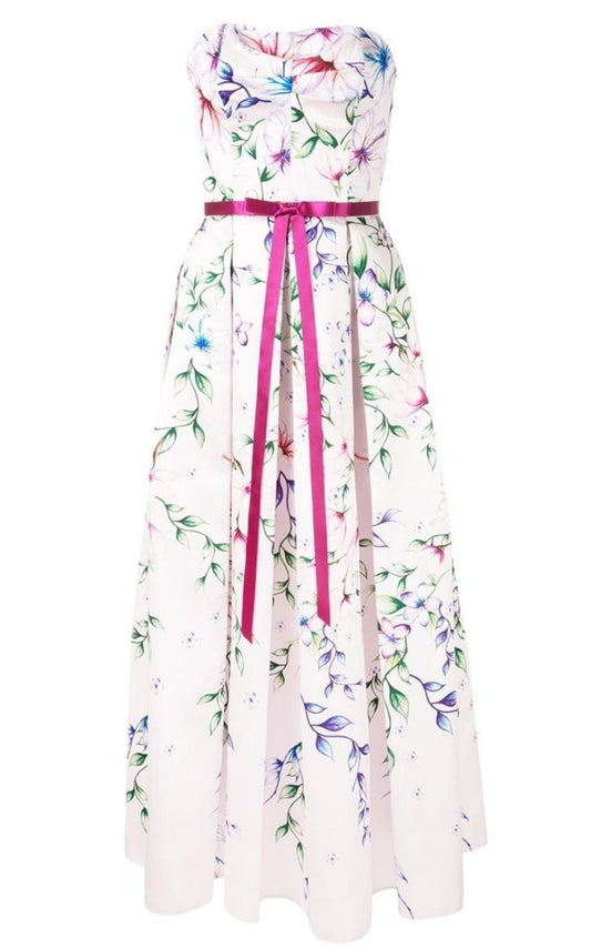 Strapless Printed Mikado Corseted Gown Marchesa Notte