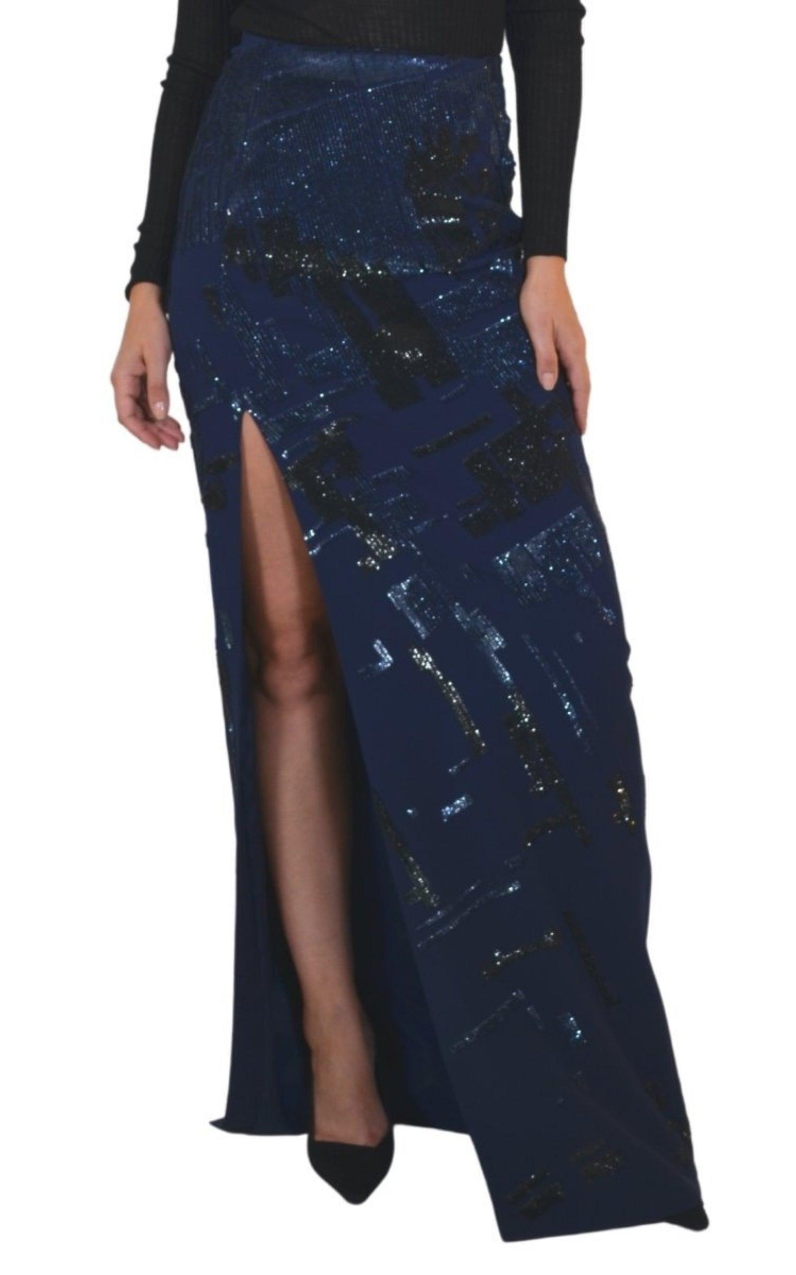 Sequins Embellished Blue Maxi Skirt Mugler