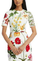 Oscar de la Renta Floral Belted Stretch Cotton Twill Dress