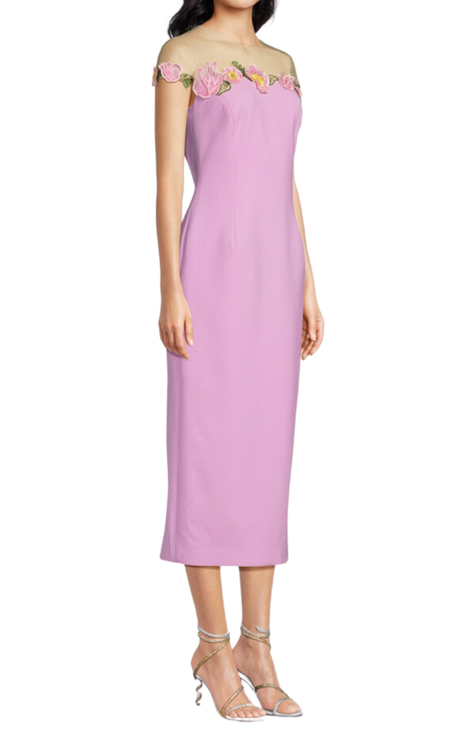 Oscar de la Renta Poppies Illusion Neck Pencil Wool Pink Midi Dress