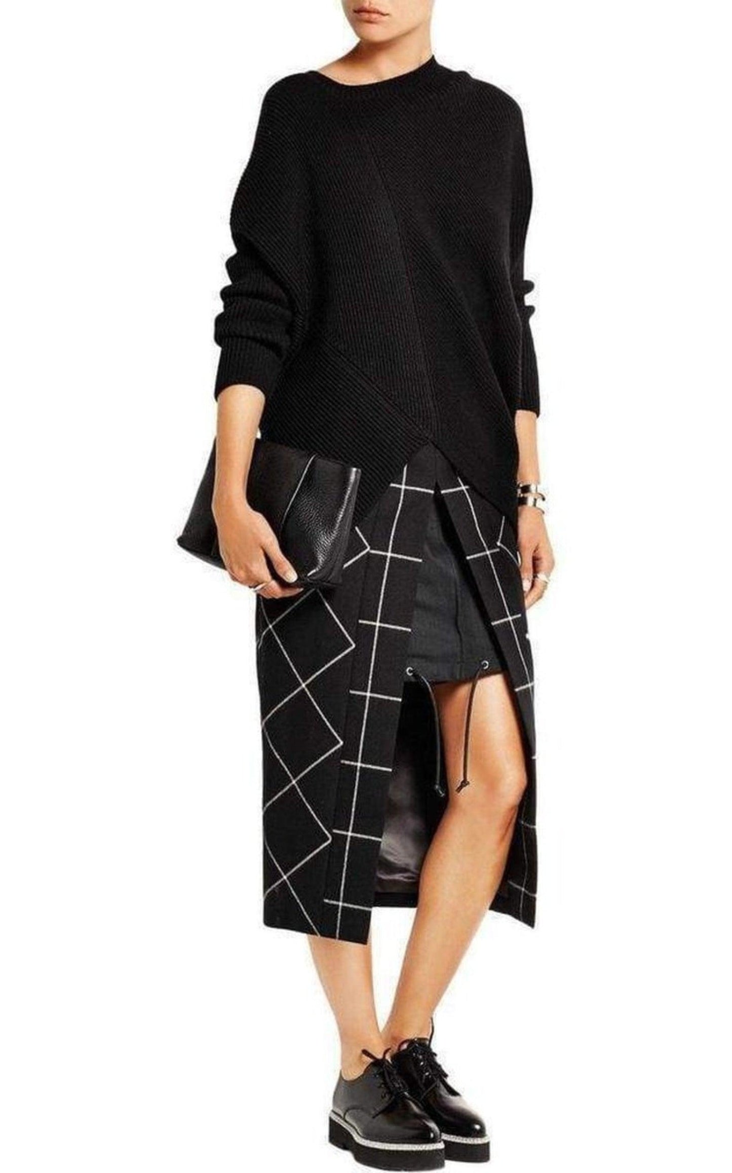 Cotton Twill-Paneled Checked Wool Skirt Sacai