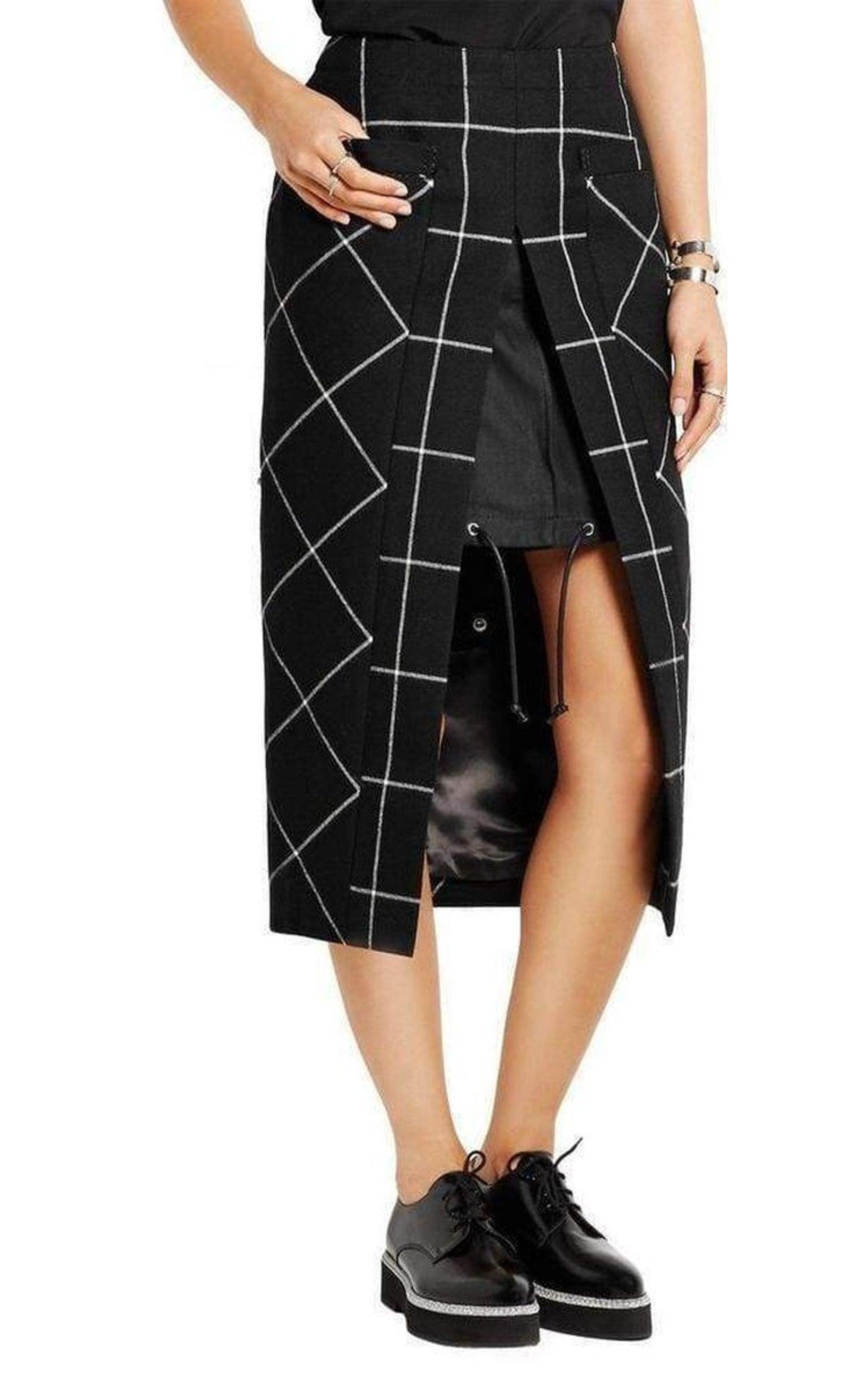 Cotton Twill-Paneled Checked Wool Skirt Sacai