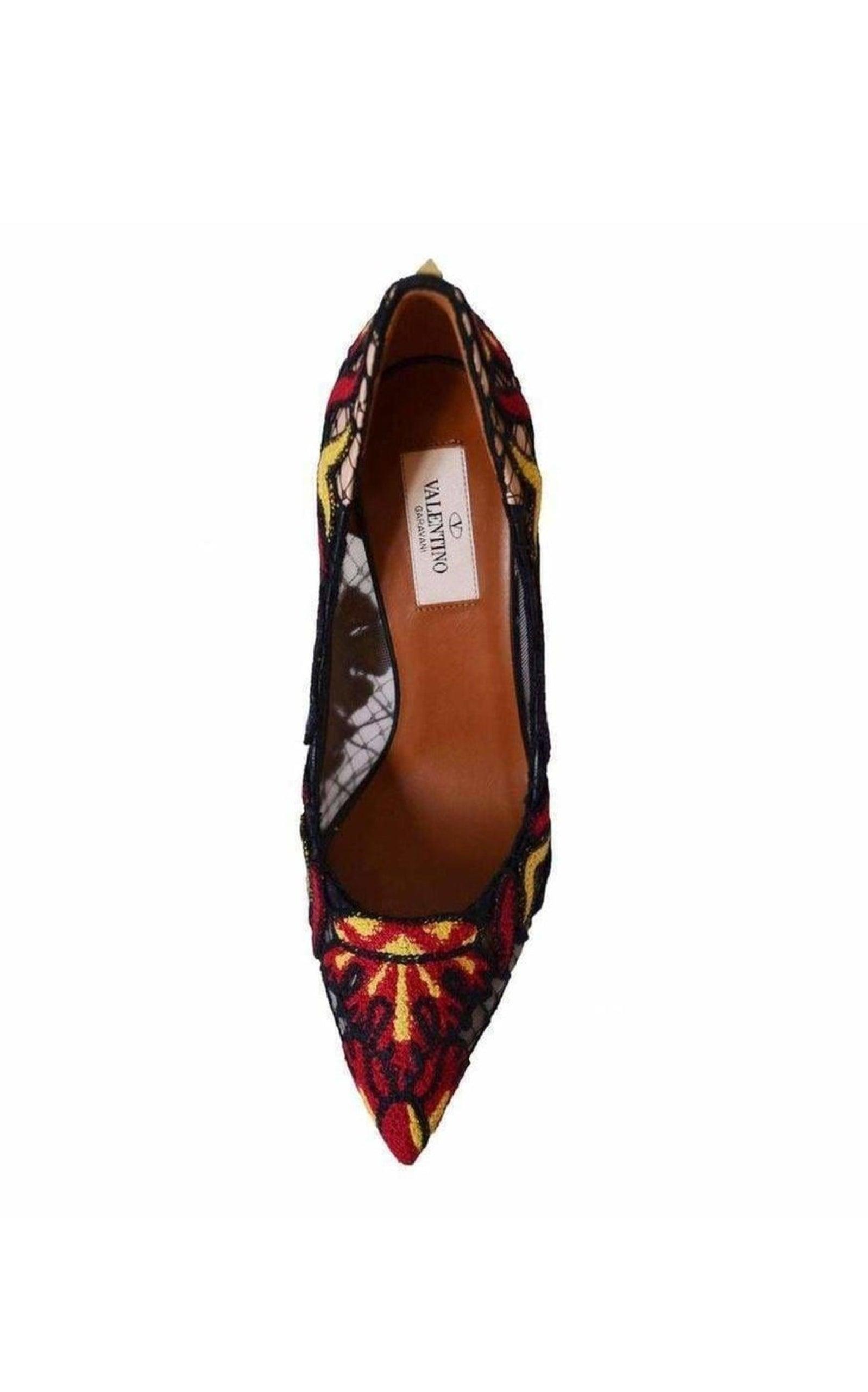 Ethnic Embroidered Lace over Leather Pumps Valentino