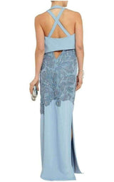 Blue Leather Cutout Lace Embellished Gown Versace