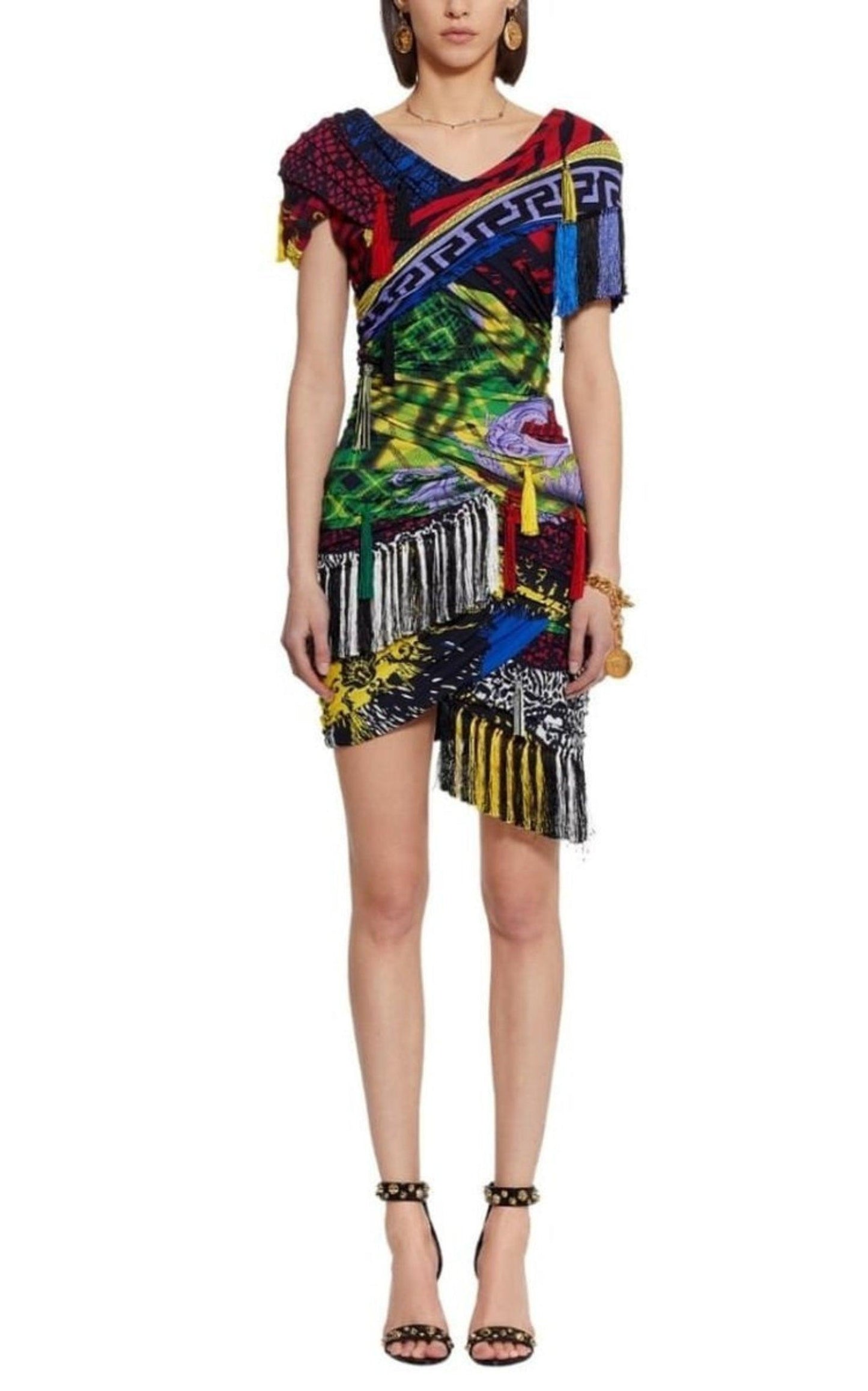 Mega Mix Print Fringe Mini Dress Versace